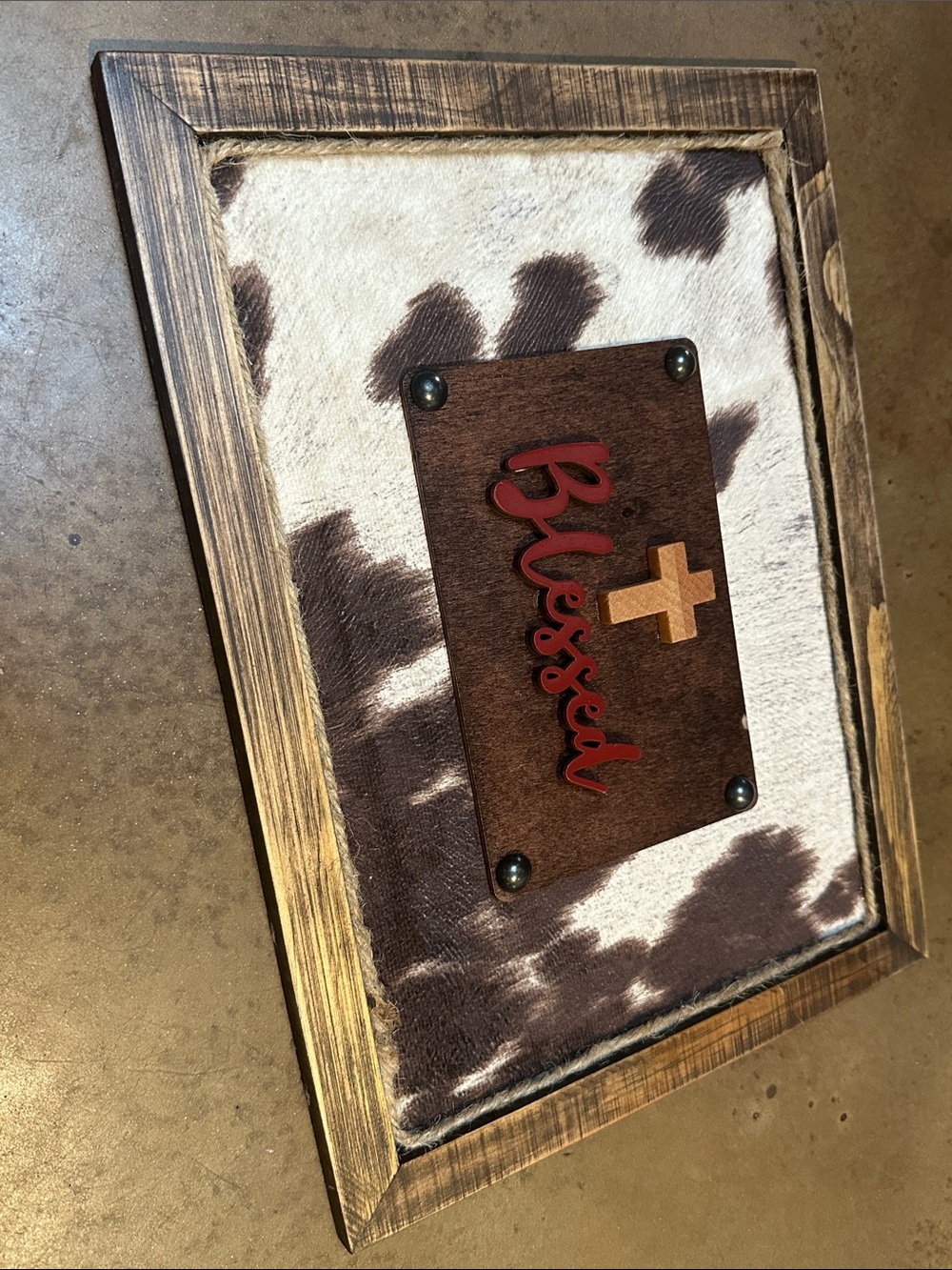 Hand Made Blessed Wall Art Sign with Brown Cowhide and Wood Cross